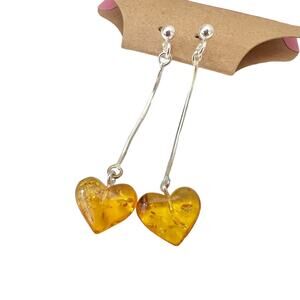 Baltic Amber Earrings  Heart Shaped Light Golden Brown Polished (E442)